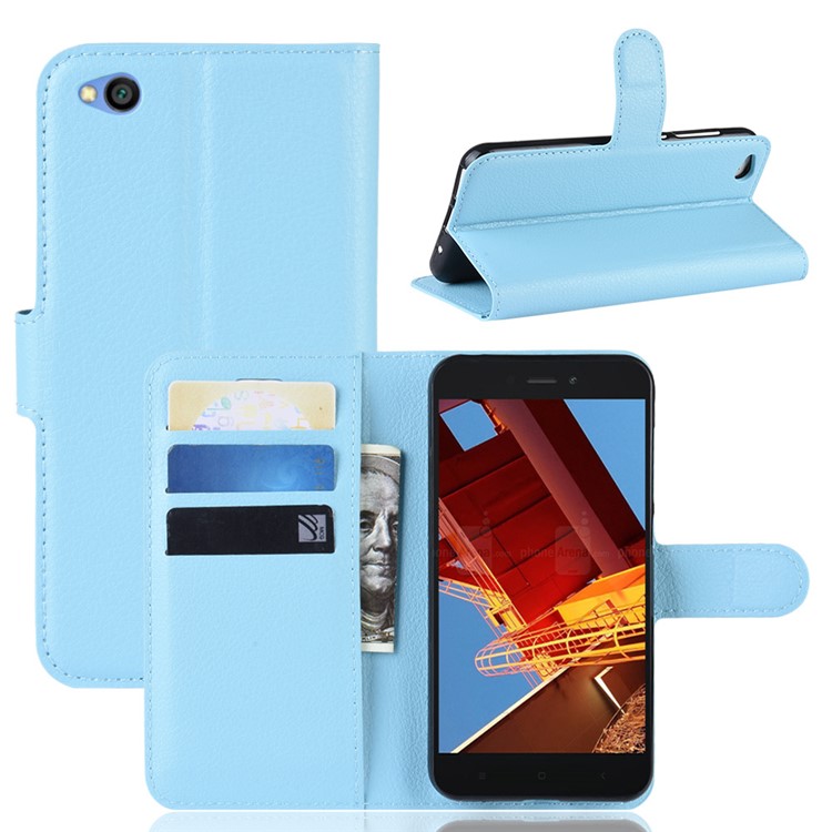 Litchi Skin PU Leather Magnetic Wallet Protection Case for Xiaomi Redmi Go - Blue-1