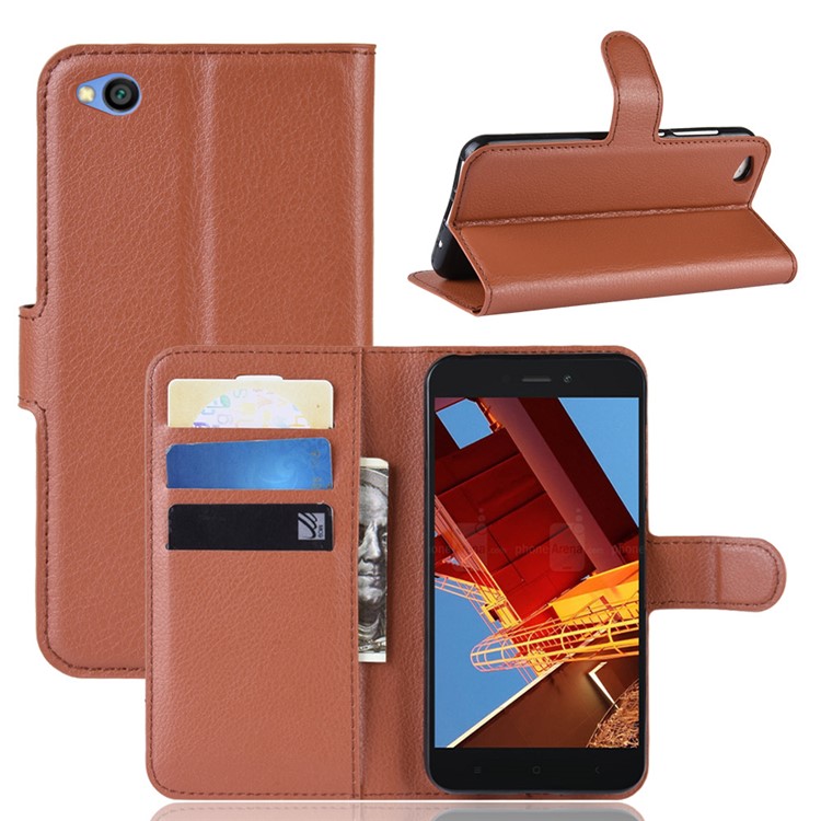 Litchi Skin PU Leather Magnetic Wallet Protection Case for Xiaomi Redmi Go - Brown-1