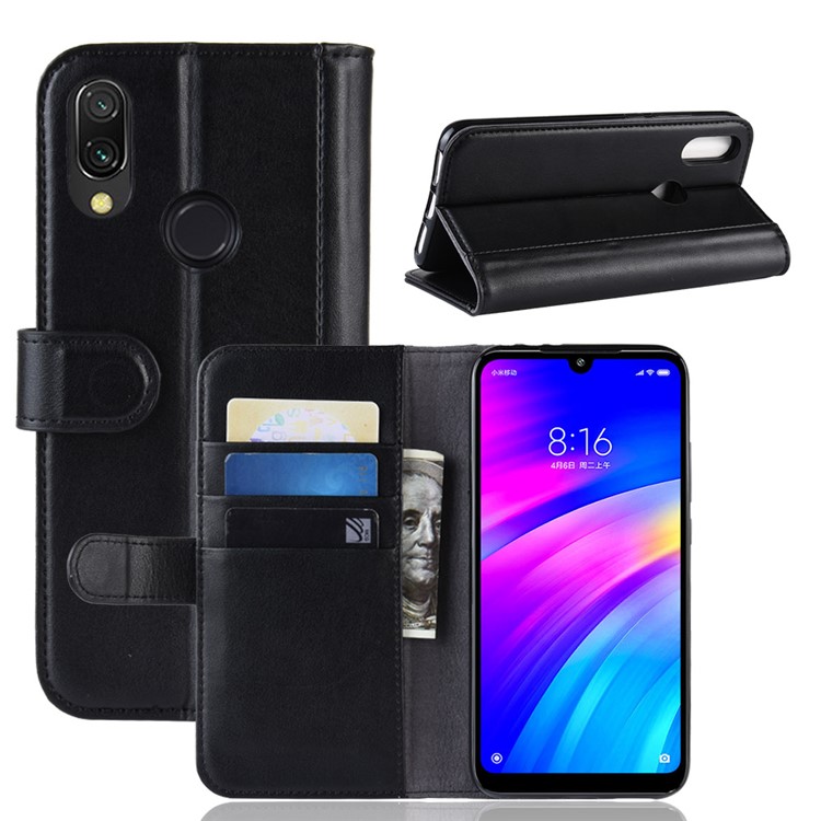 Genuine Split Leather Wallet Stand Mobile Casing for Xiaomi Redmi 7 - Black-1