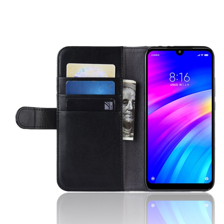 Genuine Split Leather Wallet Stand Mobile Casing for Xiaomi Redmi 7 - Black-6