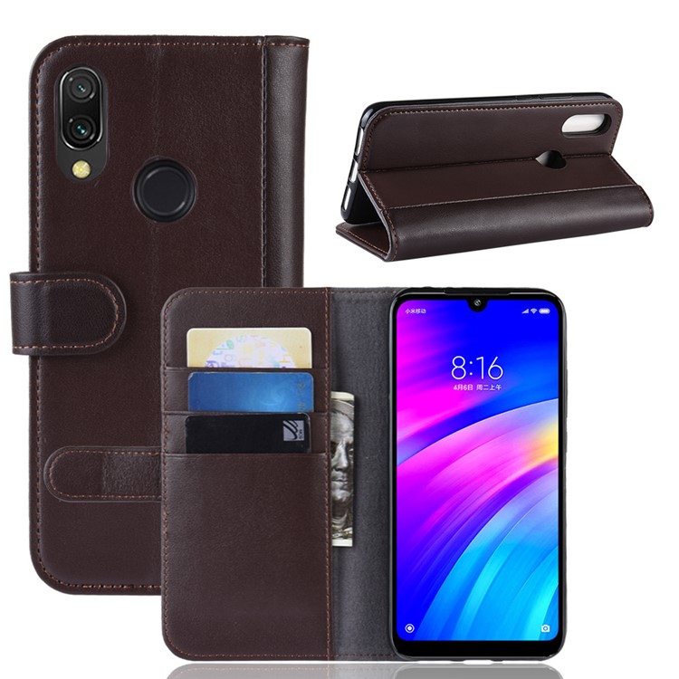 Genuine Split Leather Wallet Stand Mobile Casing for Xiaomi Redmi 7 / Redmi Y3 - Brown-1