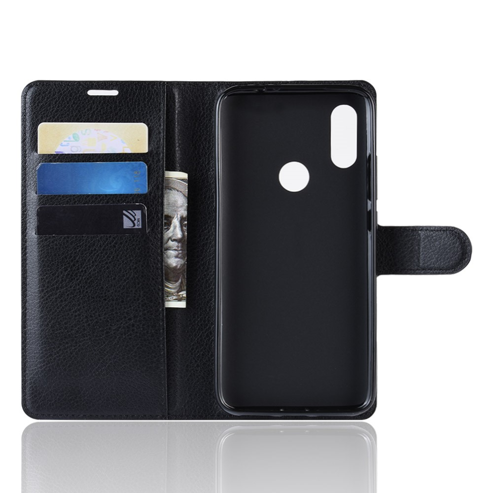 Litchi Skin Wallet Leather Stand Caso Para Xiaomi Redmi 7 / Redmi Y3 - Preto