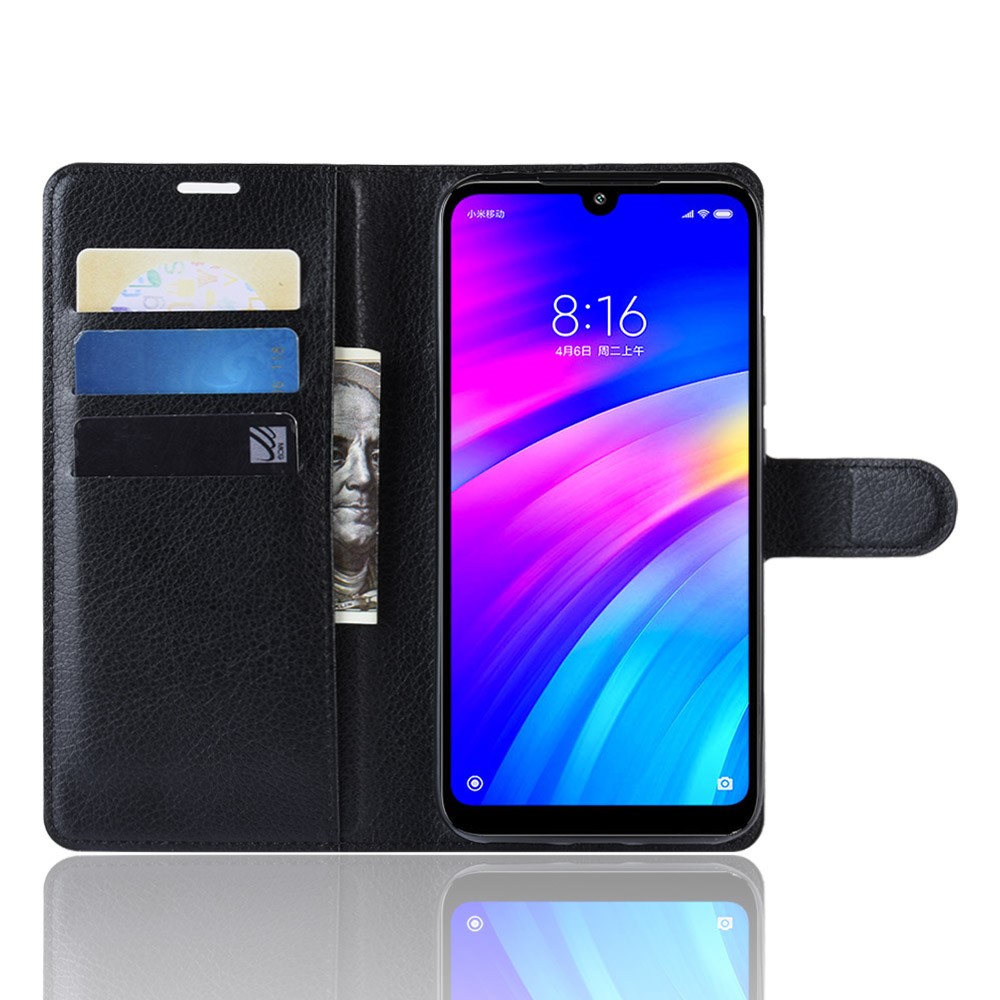 Litchi Skin Wallet Stand Case Для Xiaomi Redmi 7 / Redmi Y3 - Черный