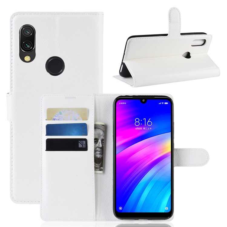 Litchi Skin Wallet Leather Stand Case for Xiaomi Redmi 7 / Redmi Y3 - White-1