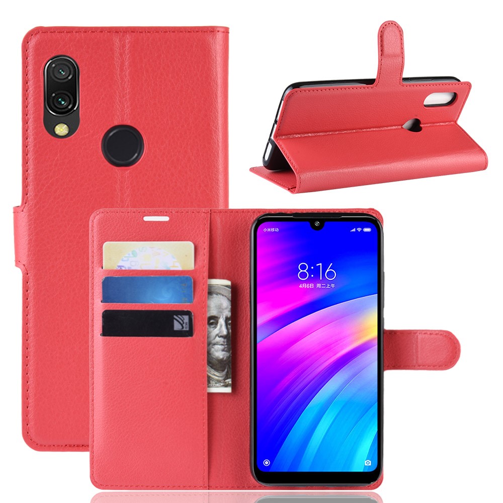 Litchi Skin Wallet Leather Stand Case for Xiaomi Redmi 7 / Redmi Y3 - Red-1