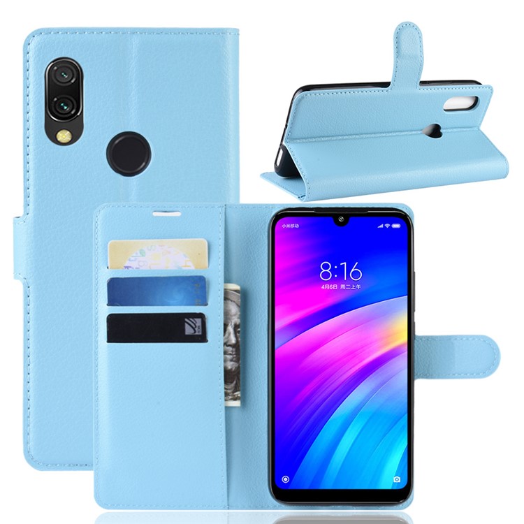 Litchi Skin Wallet Leather Stand Case for Xiaomi Redmi 7 / Redmi Y3 - Baby Blue-1