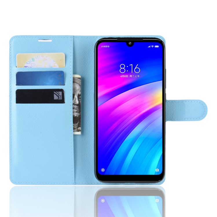 Litchi Skin Wallet Leather Stand Caso Para Xiaomi Redmi 7 / Redmi Y3 - Bebê Azul