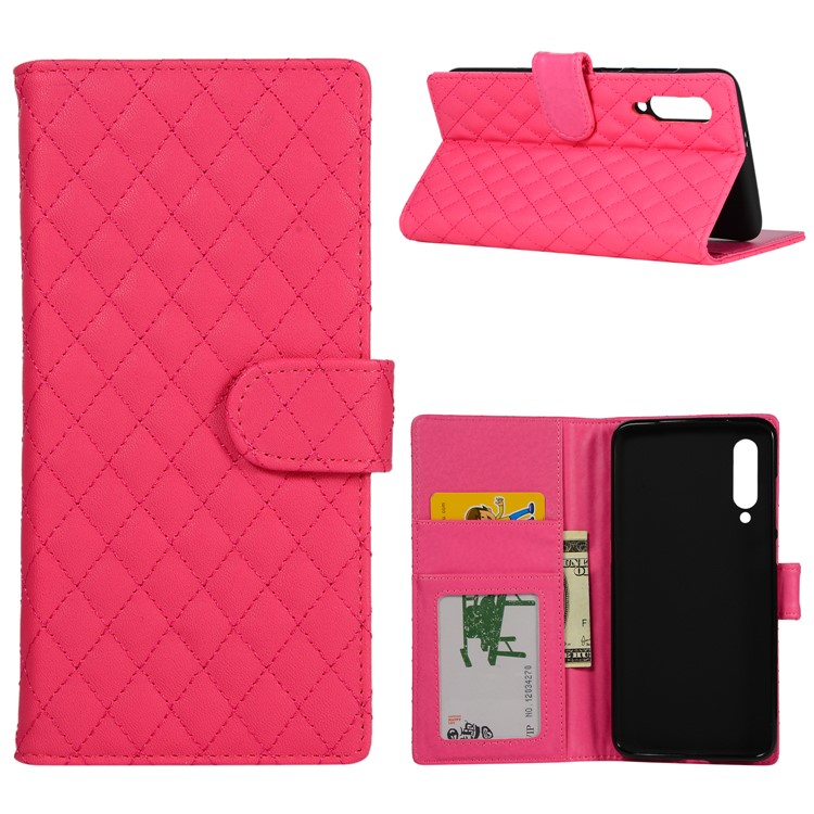 Grid Pattern Wallet Stand Leather Case for Xiaomi Mi 9 - Rose-1