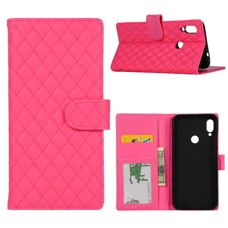 Grid Pattern Leather Wallet Stand Case for Xiaomi Redmi Note 7 / Note 7 Pro (India) - Rose-1
