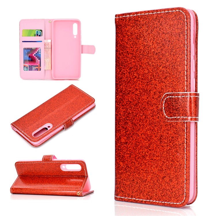 Flash Powder Leather Wallet Stand Case for Xiaomi Mi 9 - Red-1