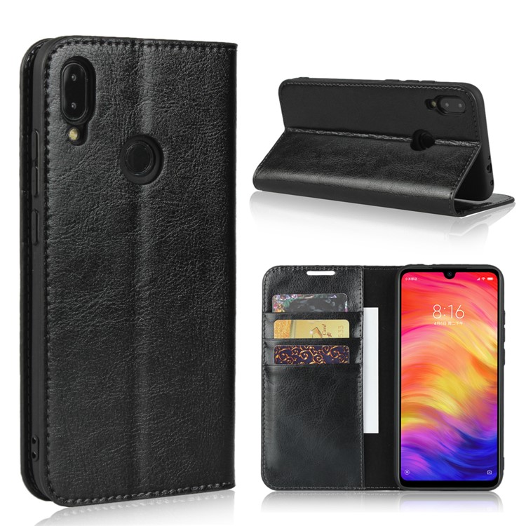 Crazy Horse Wallet Stand Genuine Leather Case for Xiaomi Redmi Note 7S / Note 7 / Redmi Note 7 Pro (India) - Black-1