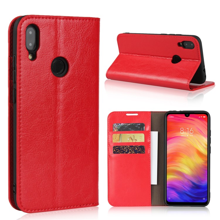 Crazy Horse Wallet Stand Genuine Leather Case for Xiaomi Redmi Note 7S / Note 7 / Redmi Note 7 Pro (India) - Red-1