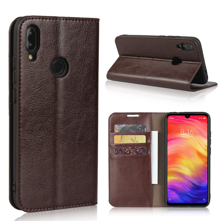 Crazy Horse Wallet Stand Genuine Leather Case for Xiaomi Redmi Note 7S / Note 7 / Redmi Note 7 Pro (India) - Coffee-1