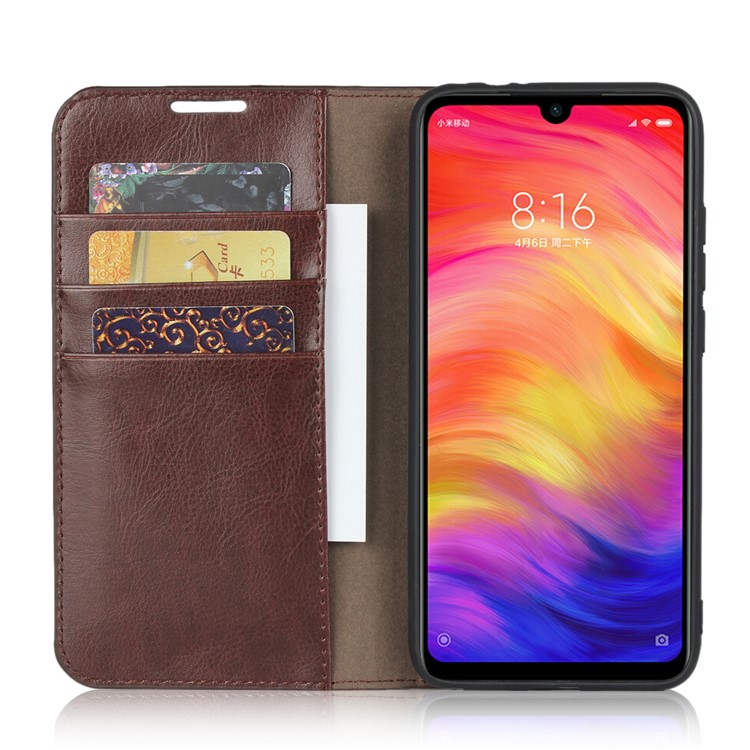 Crazy Horse Wallet Stand Caso de Couro Genuíno Para Xiaomi Redmi Note 7s / Nota 7 / Redmi Note 7 Pro (índia) - Café-3