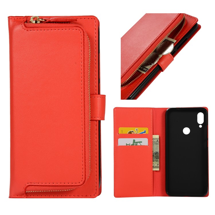 Wallet Zippered Genuine Leather Protector Case for Xiaomi Redmi Note 7 / Redmi Note 7 Pro (India) - Red-1