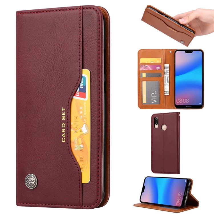 PU Leather Auto-absorbed Stand Wallet Protective Case for Xiaomi Redmi 7 / Redmi Y3 - Wine Red-1