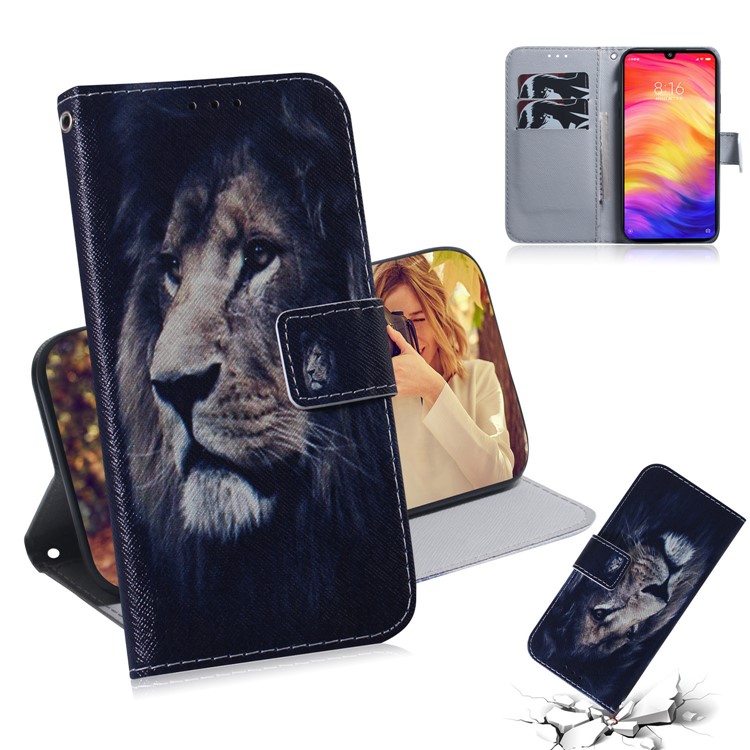Pattern Printing Wallet Leather Cell Phone Case for Xiaomi Redmi Note 7S / Note 7 - Lion-1