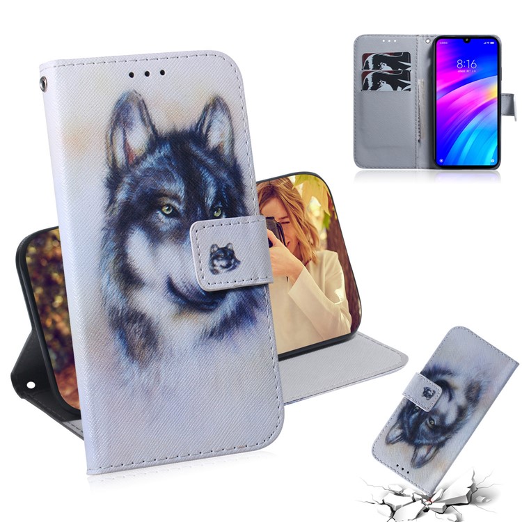 Pattern Printing Wallet Stand Protective Leather Case for Xiaomi Redmi 7 / Redmi Y3 - Wolf-1