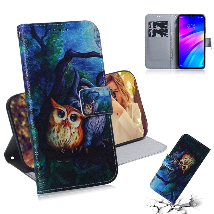 Pattern Printing Wallet Stand Protective Leather Case for Xiaomi Redmi 7 / Redmi Y3 - Owl-1