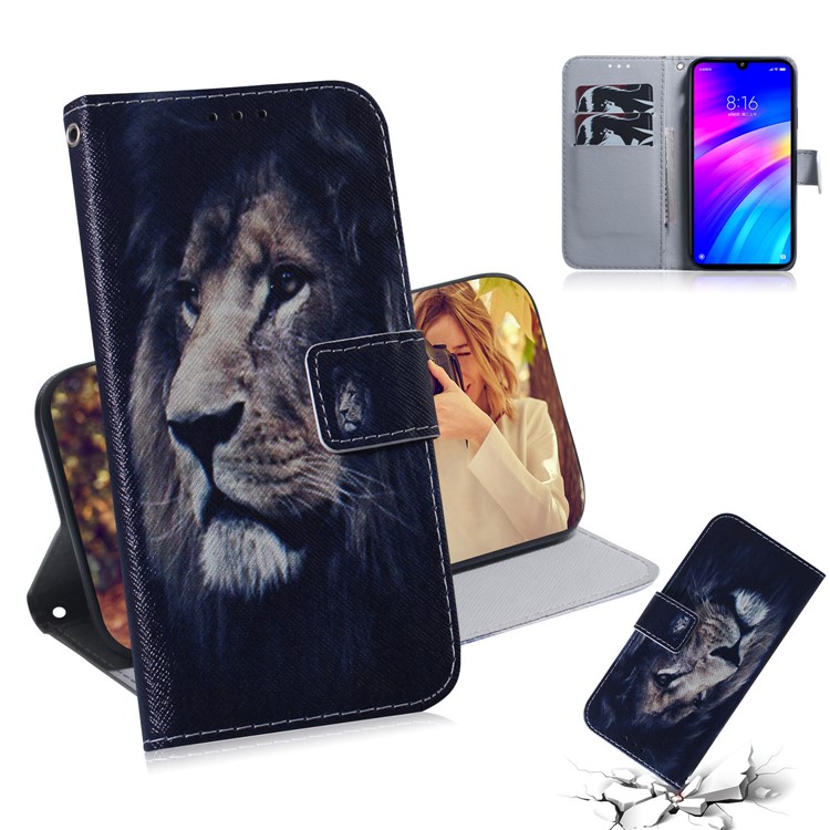 Pattern Printing Wallet Stand Protective Leather Case for Xiaomi Redmi 7 / Redmi Y3 - Lion-1
