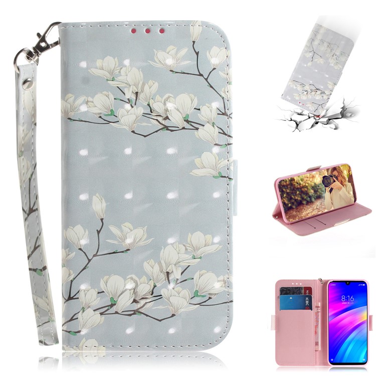 Light Spot Decor Patterned Wallet Stand PU Leather Phone Case for Xiaomi Redmi 7 / Redmi Y3 - White Flower-1
