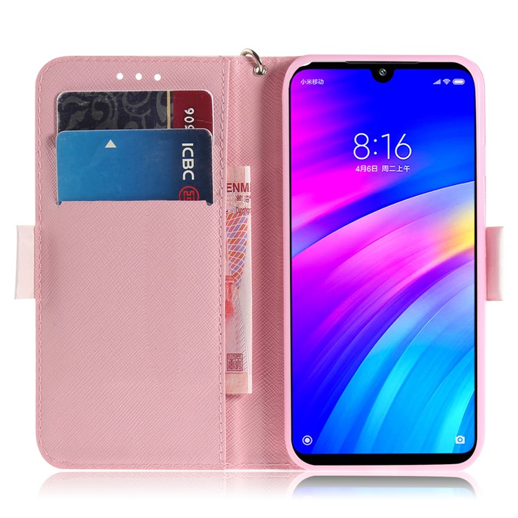 Light Spot Decor Patterned Wallet Stand PU Leather Phone Case for Xiaomi Redmi 7 / Redmi Y3 - White Flower-7