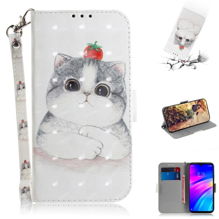 Light Spot Decor Patterned Wallet Stand PU Leather Phone Case for Xiaomi Redmi 7 / Redmi Y3 - Lovely White Cat-1