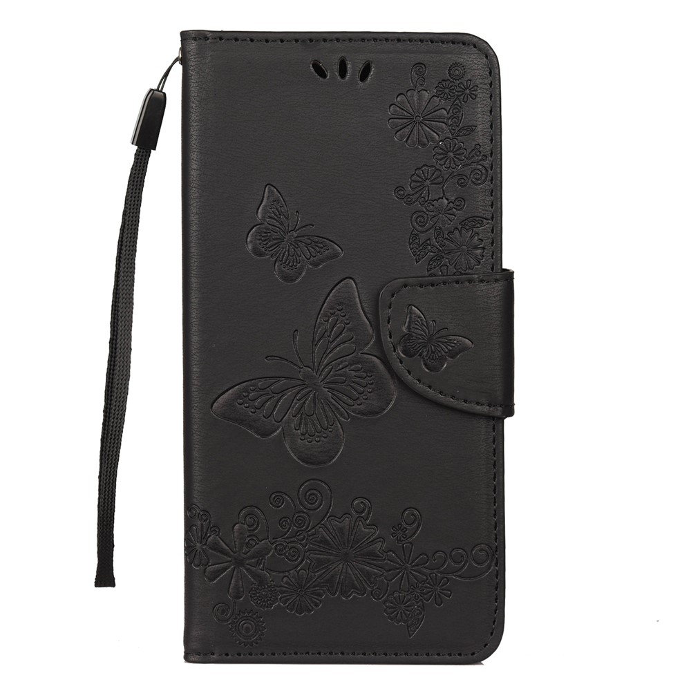 Impressão Butterfly Flowers Stand Stand Wallet Folio Case Para Xiaomi Redmi Note 7s / Nota 7 / Nota 7 Pro (índia) - Preto