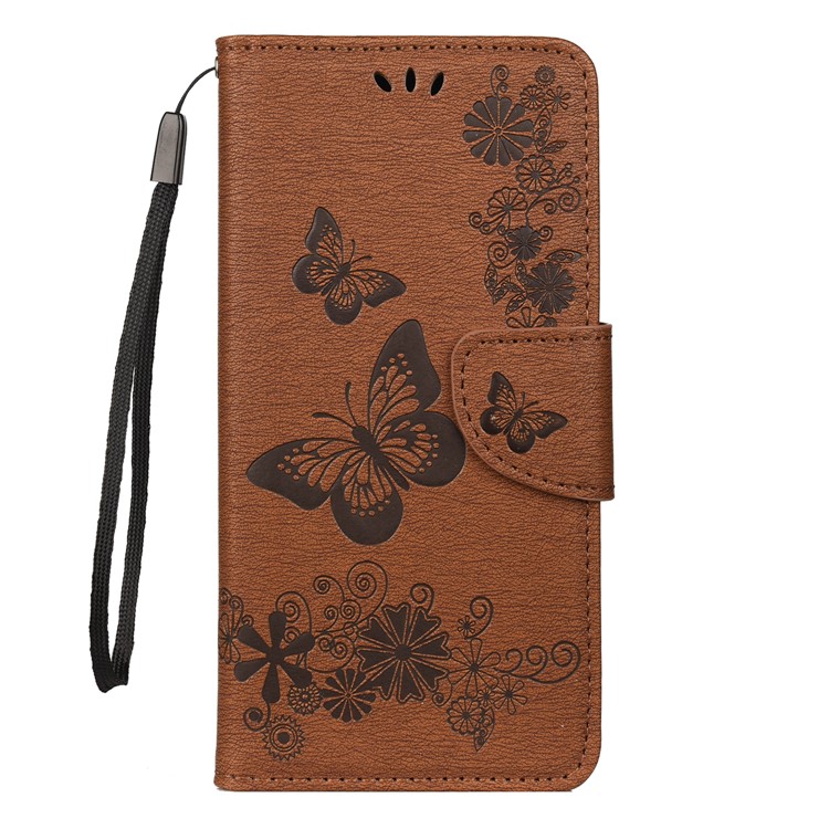 Imprint Butterfly Flowers Leather Stand Wallet Folio Case for Xiaomi Redmi Note 7S / Note 7 / Note 7 Pro (India) - Brown-1