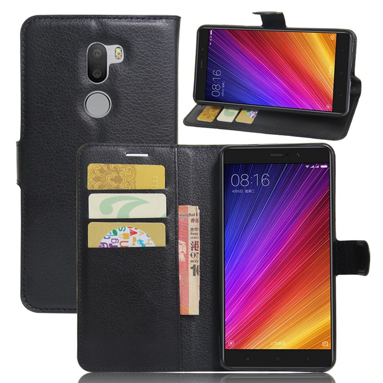 Lychee Skin Leather Wallet Case for Xiaomi Mi 5s Plus - Black-1