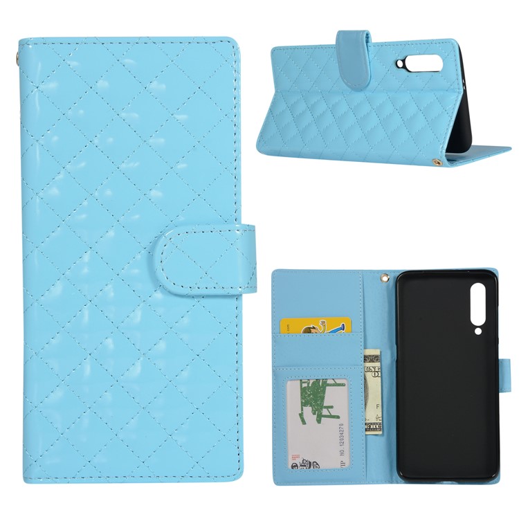 Glossy Stitching Grid Leather Wallet Stand Case for Xiaomi Mi 9 - Baby Blue-1