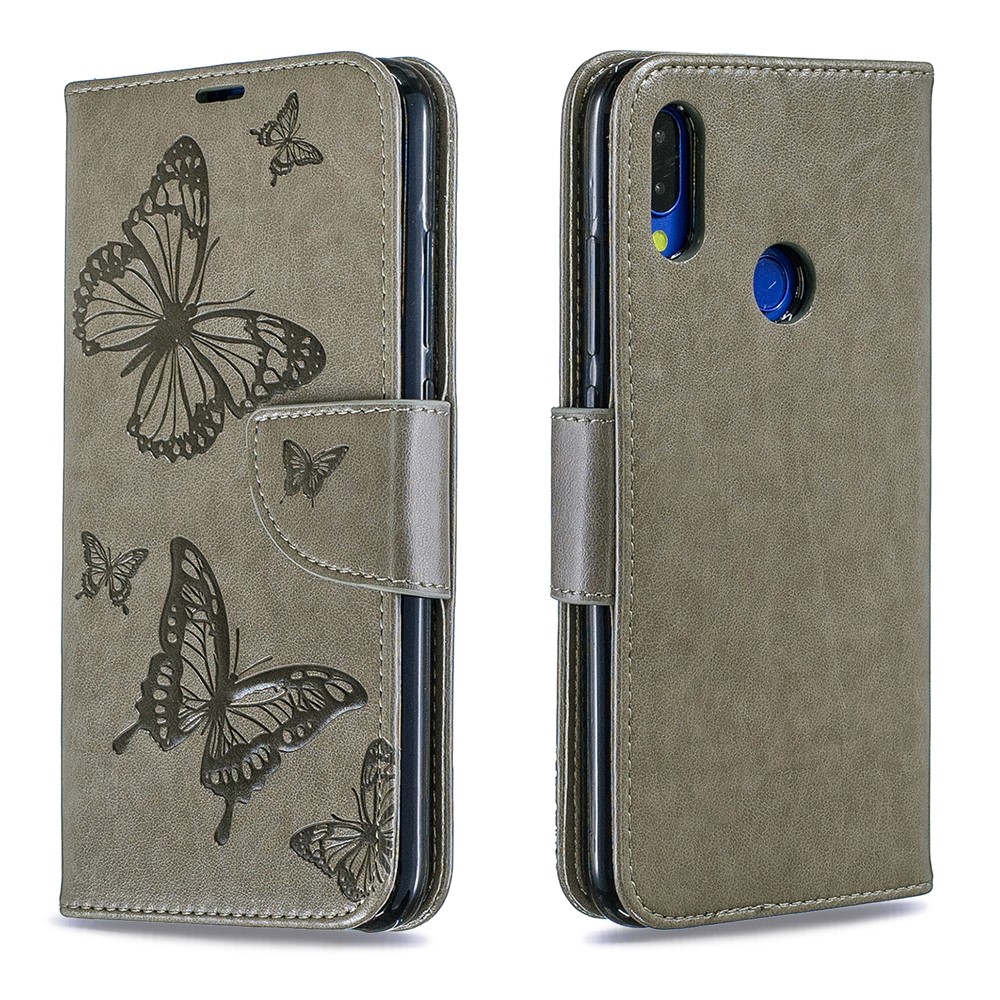 For Xiaomi Redmi Note 7 / Redmi Note 7 Pro (India) PU Leather Imprint Butterflies Phone Case - Grey-4