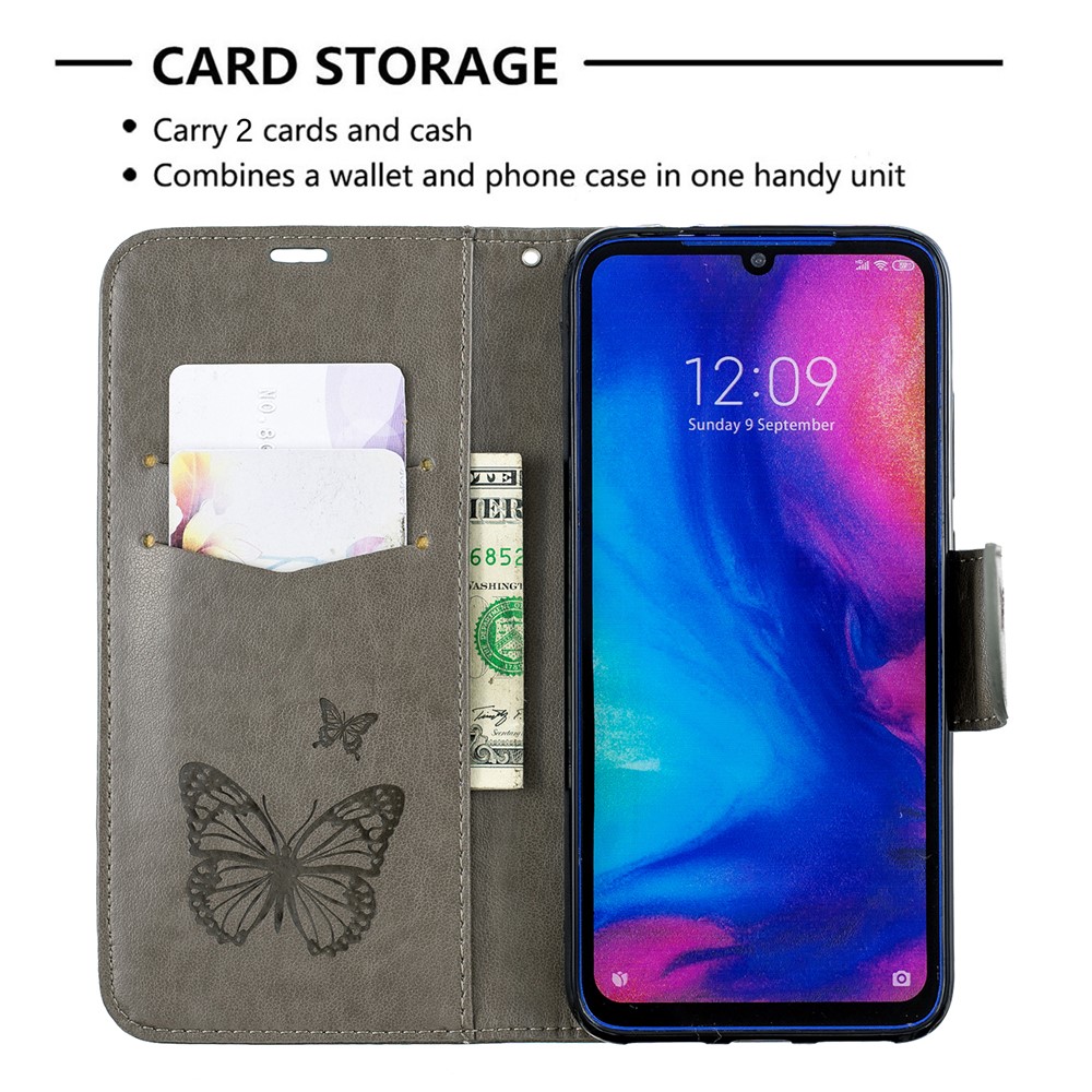 For Xiaomi Redmi Note 7 / Redmi Note 7 Pro (India) PU Leather Imprint Butterflies Phone Case - Grey-6