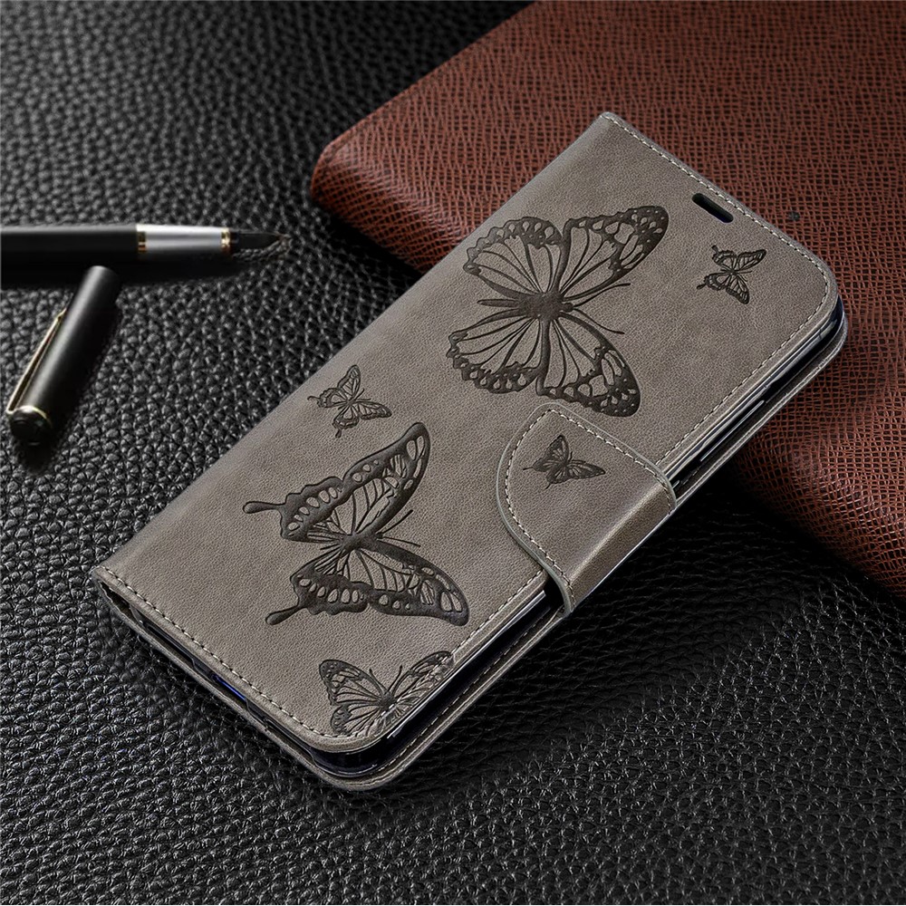 For Xiaomi Redmi Note 7 / Redmi Note 7 Pro (India) PU Leather Imprint Butterflies Phone Case - Grey-7