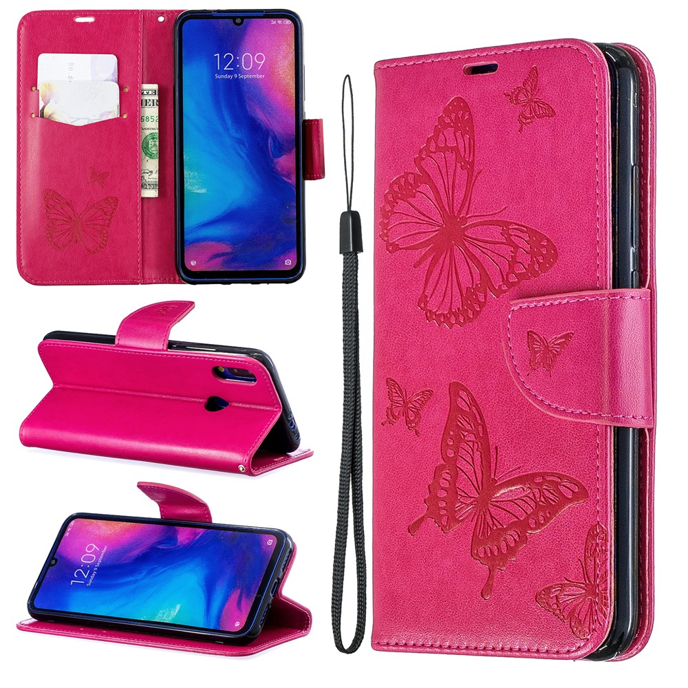 Para Xiaomi Redmi Nota 7s / Nota 7 / Nota 7 Pro (Índia) PU Couro Imprint Butterflies Phone Case - Rosa