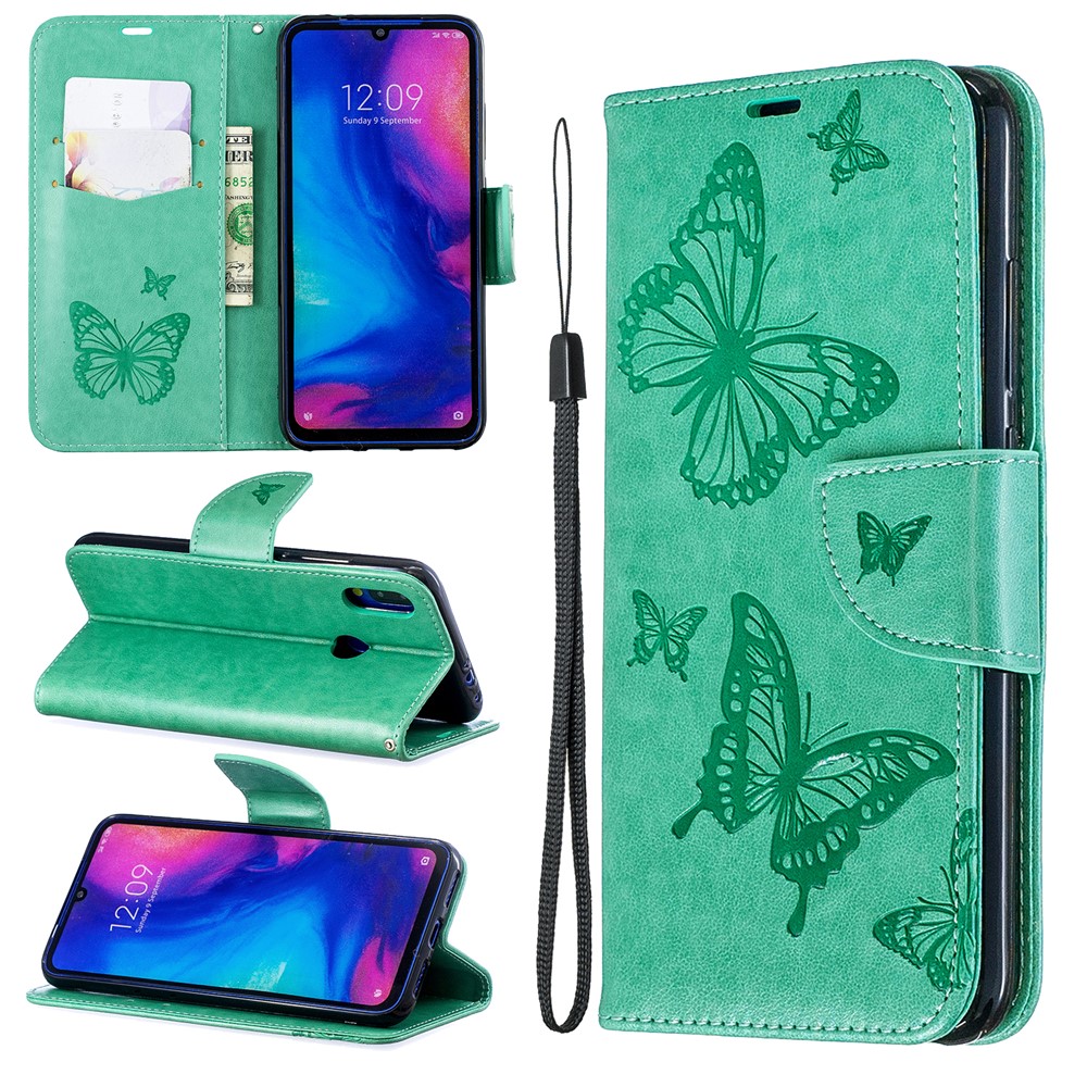 For Xiaomi Redmi Note 7S / Note 7 /Note 7 Pro (India) PU Leather Imprint Butterflies Phone Case - Green-1