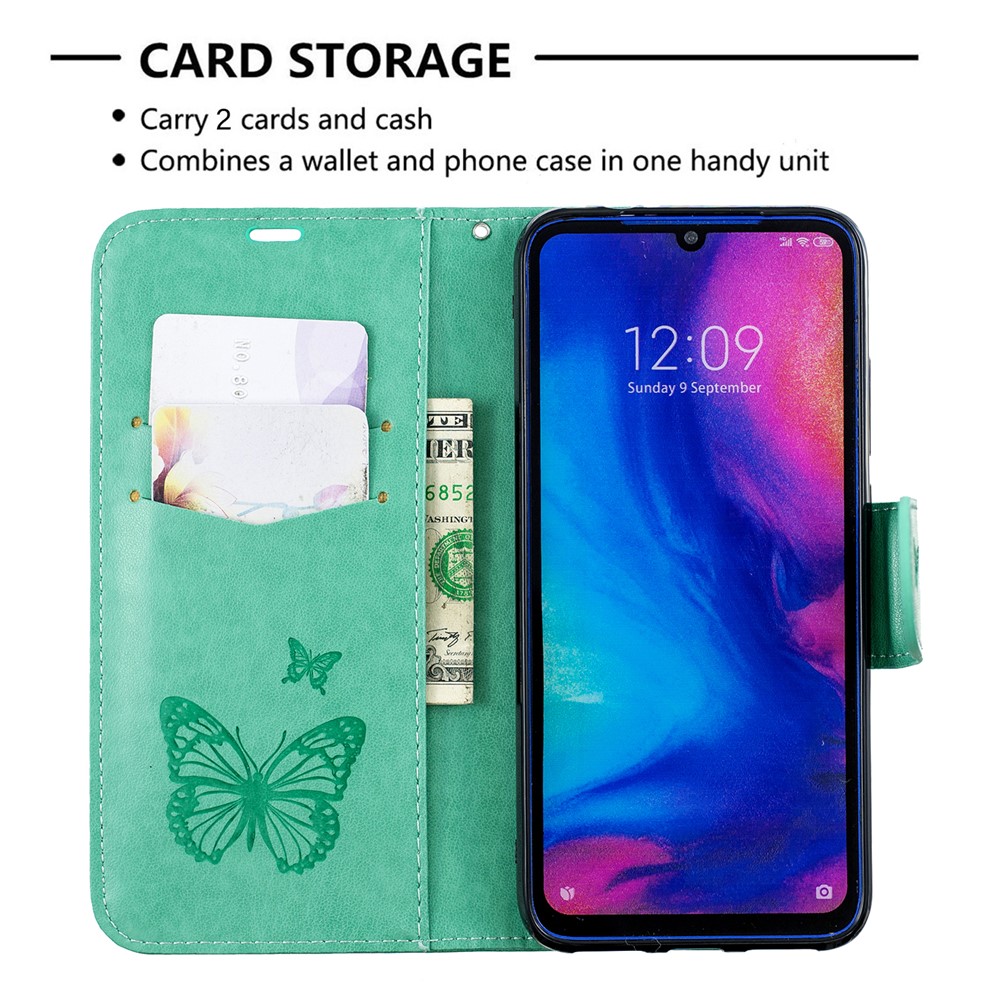 For Xiaomi Redmi Note 7S / Note 7 /Note 7 Pro (India) PU Leather Imprint Butterflies Phone Case - Green-6