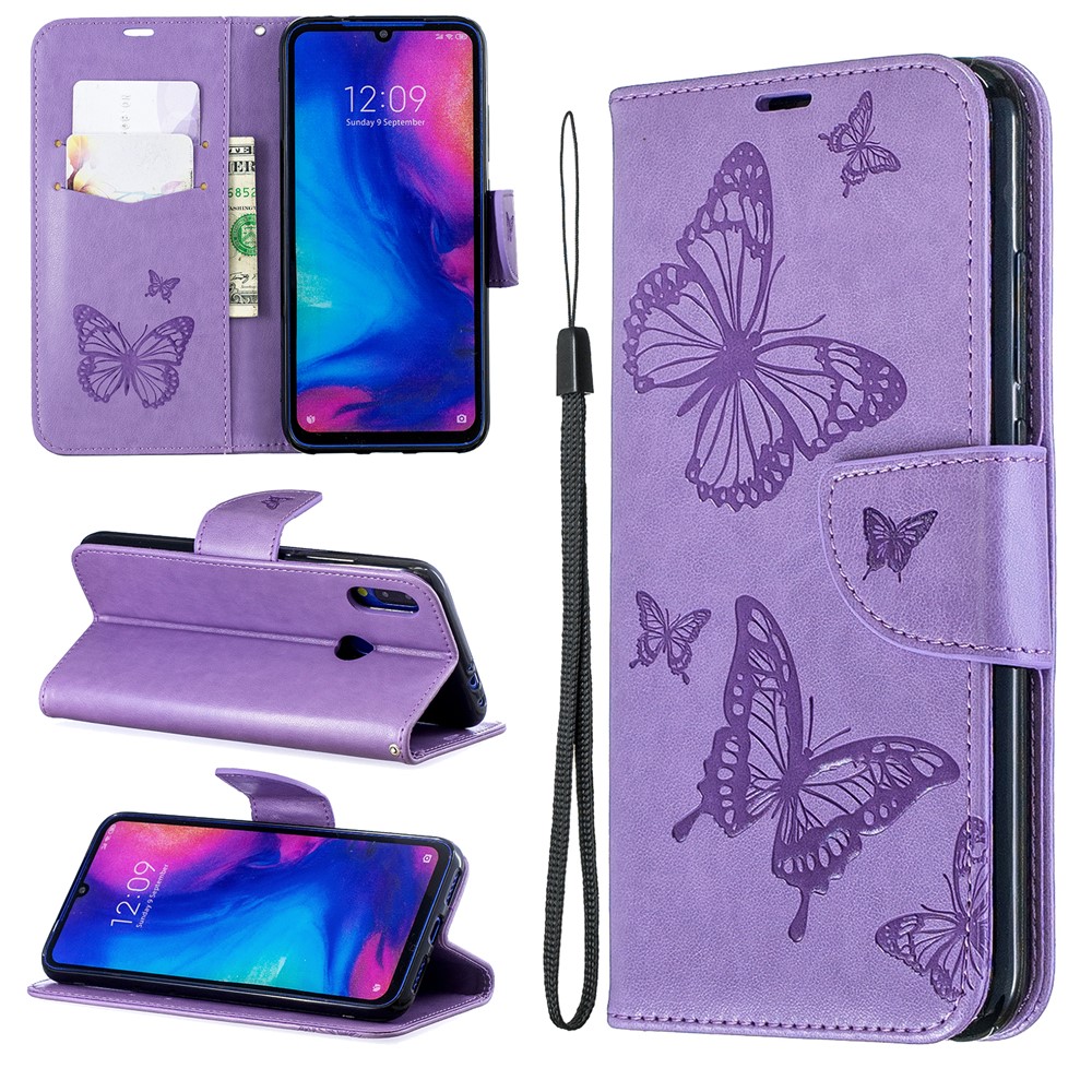 For Xiaomi Redmi Note 7S / Note 7 / Note 7 Pro (India) PU Leather Imprint Butterflies Phone Case - Purple-1