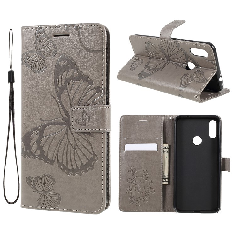 Imprint Butterfly Flower Leather Wallet Case for Xiaomi Redmi 7 / Redmi Y3 - Grey-1