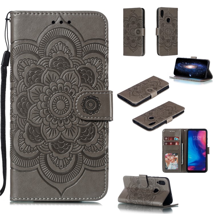 Para Xiaomi Redmi Note 7s / Nota 7 / Note 7 Pro (India) Impresión Mandala Flower Flowet Funda Cartera Teléfono - Gris