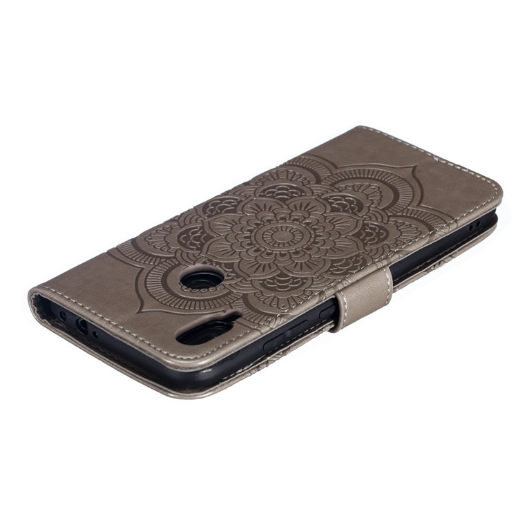 Pour Xiaomi Redmi Note 7S / Note 7 / Note 7 Pro (Inde) Mentions D'impression Couvercle De Portefeuille De Portefeuille En Cuir De Fleur De Mandala - Gris