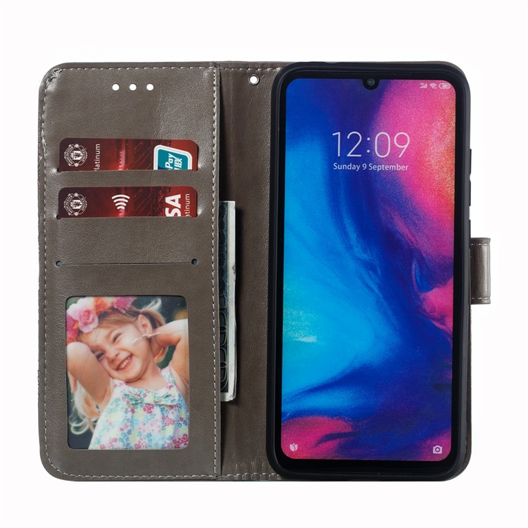 Pour Xiaomi Redmi Note 7S / Note 7 / Note 7 Pro (Inde) Mentions D'impression Couvercle De Portefeuille De Portefeuille En Cuir De Fleur De Mandala - Gris