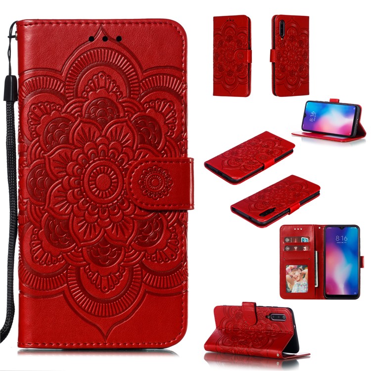 For Xiaomi Mi 9 Imprint Mandala Flower Stand Leather Phone Case Cover - Red-1