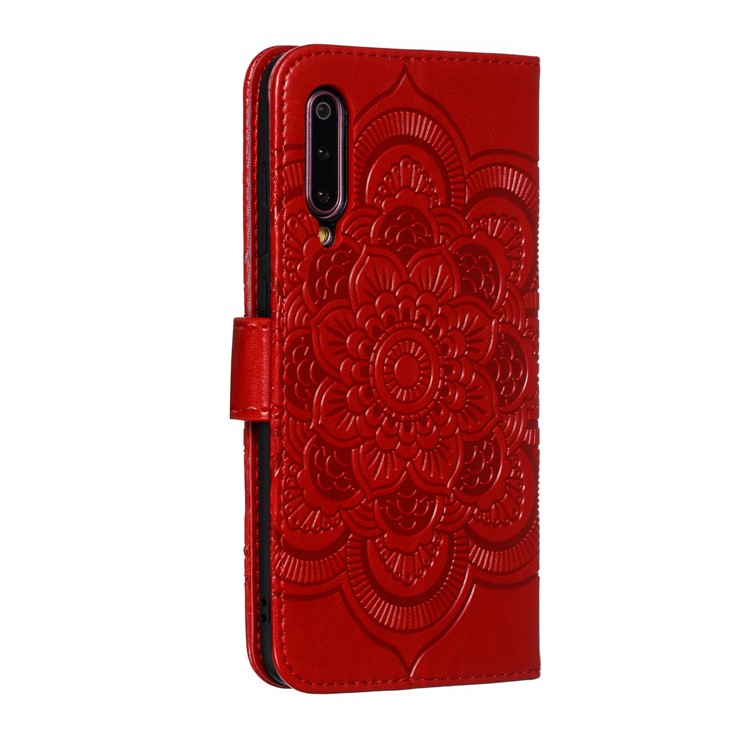 For Xiaomi Mi 9 Imprint Mandala Flower Stand Leather Phone Case Cover - Red-4