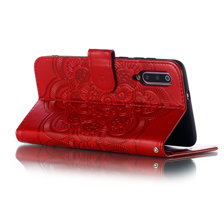 For Xiaomi Mi 9 Imprint Mandala Flower Stand Leather Phone Case Cover - Red-7