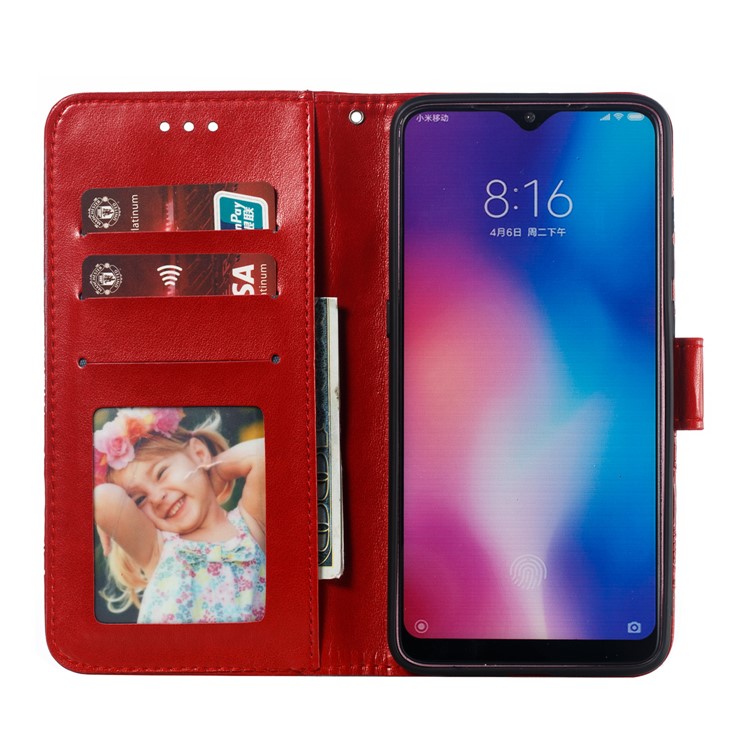 For Xiaomi Mi 9 Imprint Mandala Flower Stand Leather Phone Case Cover - Red-9