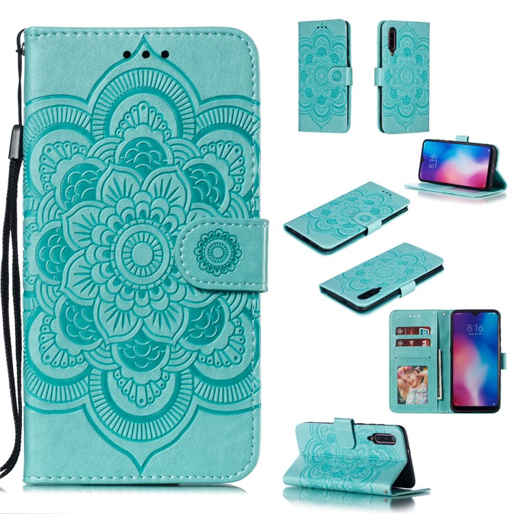 For Xiaomi Mi 9 Imprint Mandala Flower Stand Leather Phone Case Cover - Green-1