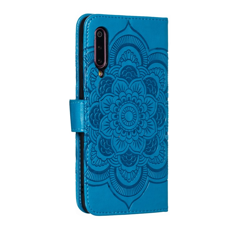 For Xiaomi Mi 9 Imprint Mandala Flower Stand Leather Phone Case Cover - Blue-4