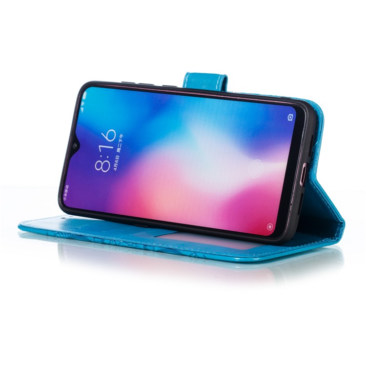 Per Xiaomi Mi 9 Impronta Mandala Flower Stand Crove di Telefono in Pelle - Blu-8