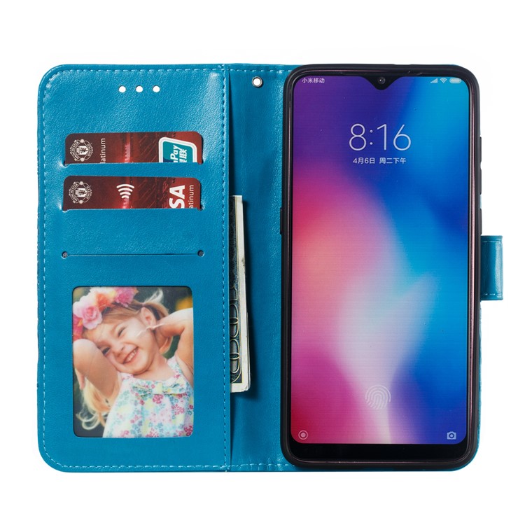 For Xiaomi Mi 9 Imprint Mandala Flower Stand Leather Phone Case Cover - Blue-9